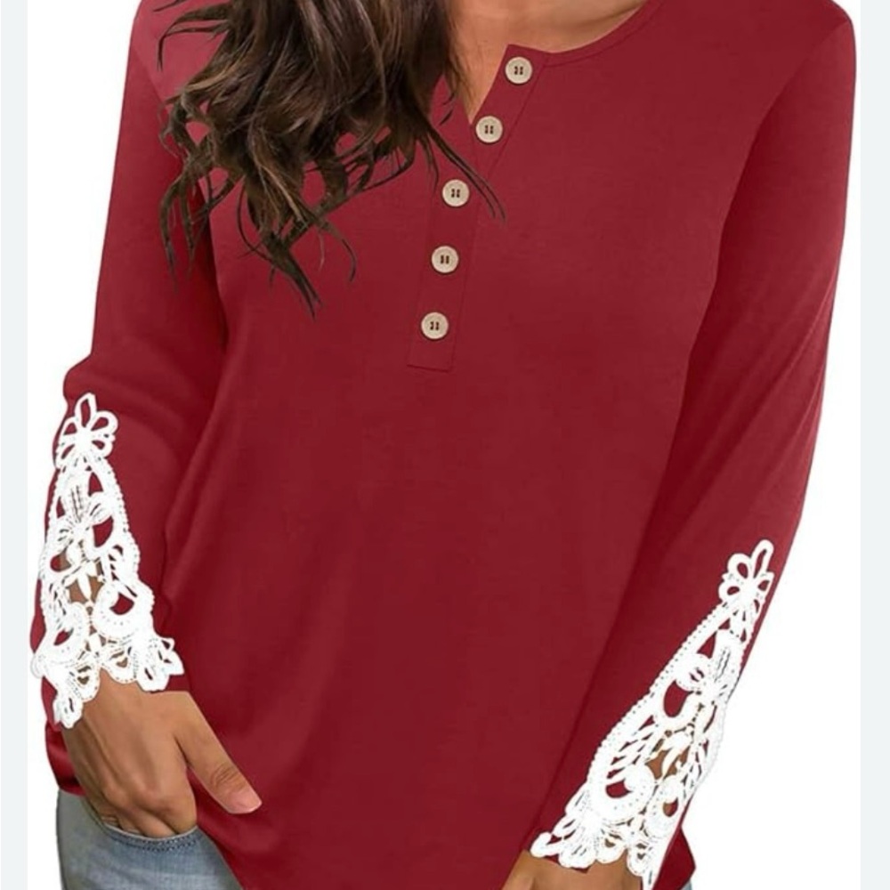 Amaryllis Red Long Sleeve Henley Style Top With Lace Accents